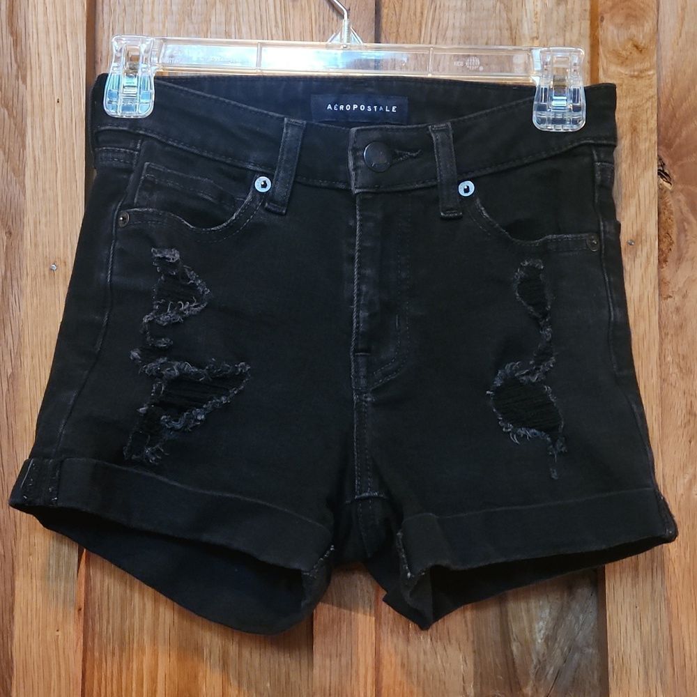 Aeropostale High Rise 3" Cuffed Midi Distressed Jean Shorts, 00, Black Denim